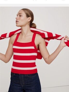 NWT 100% Cashmere Banana Republic Red & White Striped Square-Neck Tank